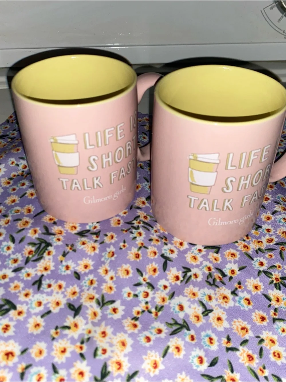 2x Pink Ceramic Mug with Yellow Interior - Life Shows Talk Fast Gilmore Girls